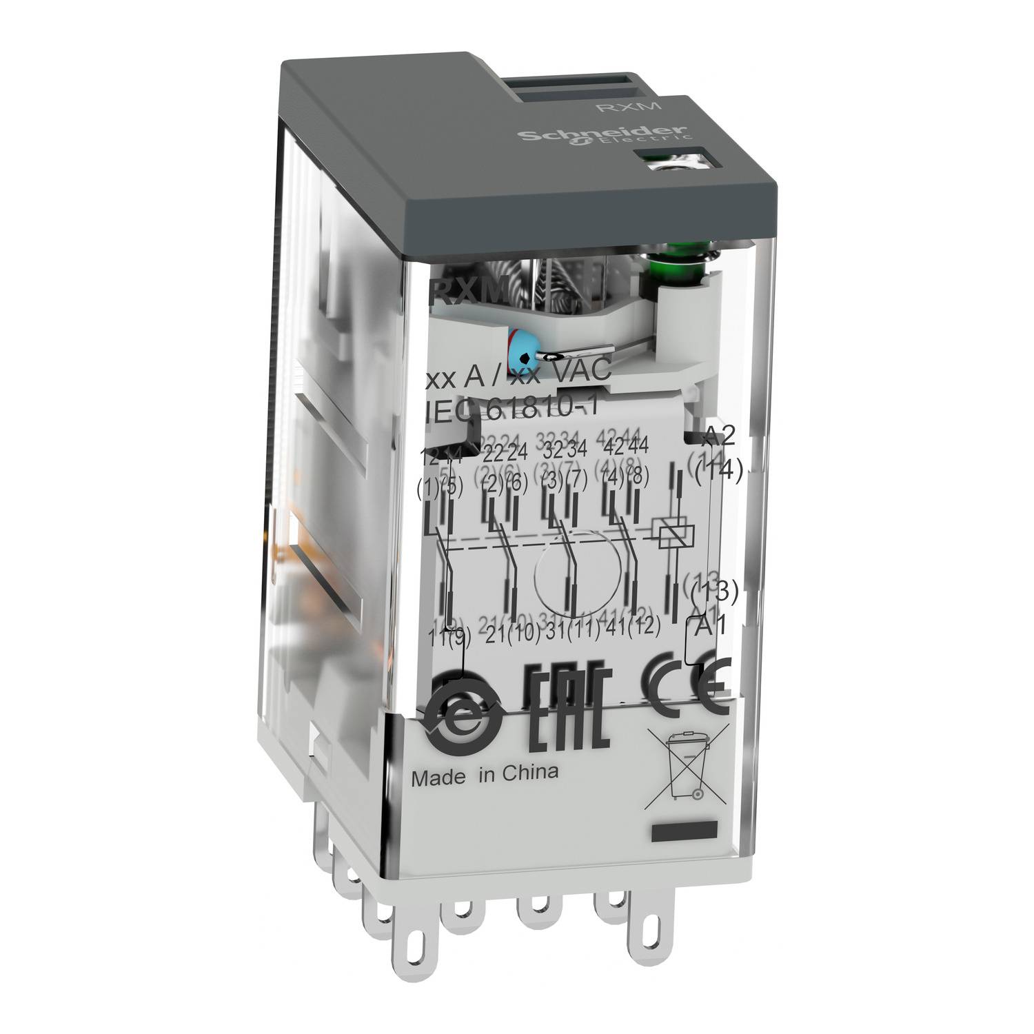 A transparent, rectangular Schneider relay with electrical schematic diagrams and certification logos on the front.