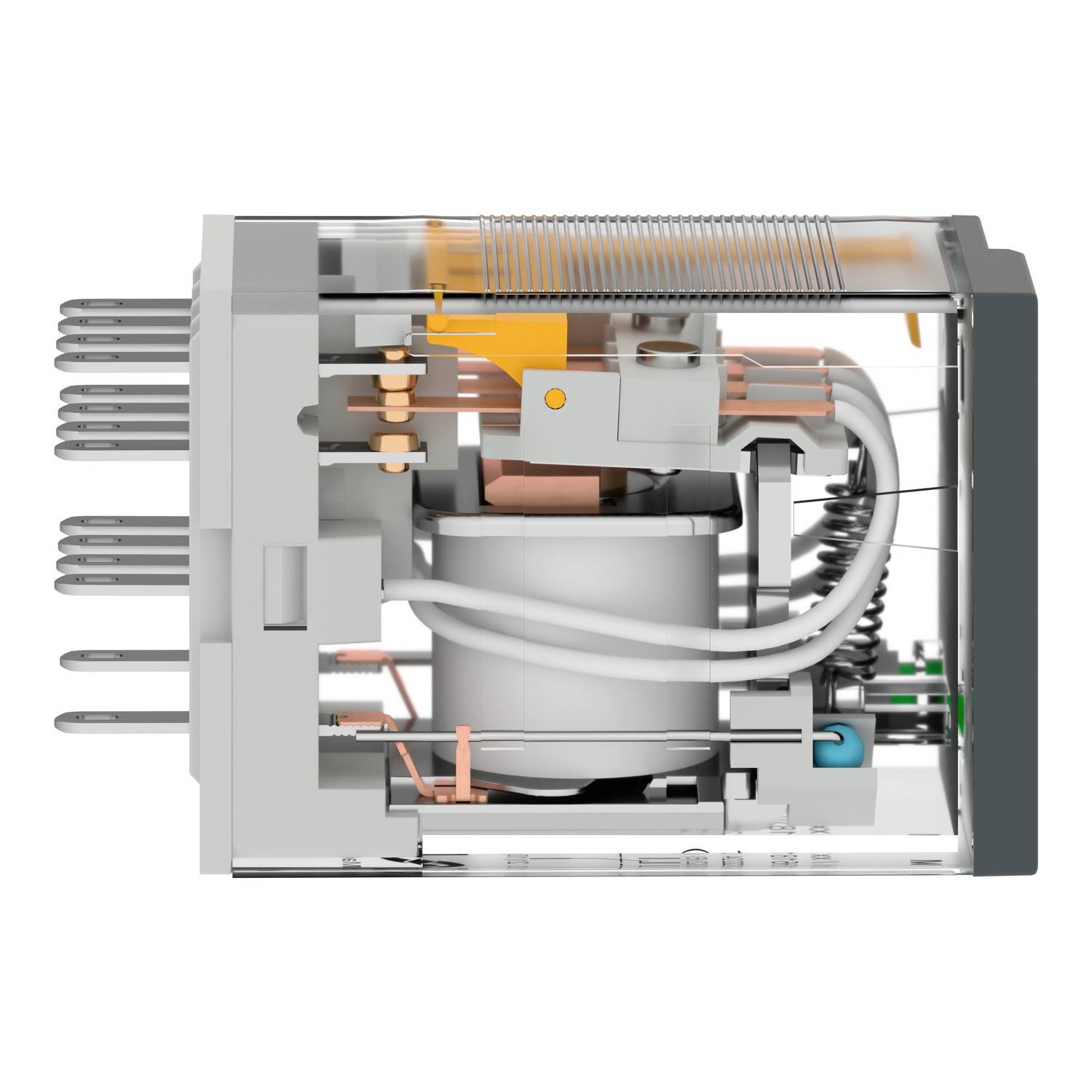 A transparent relay housing reveals internal components such as coils, contacts and springs. Nine metal pins protrude from one side.