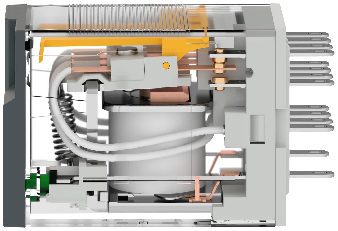 Cross-sectional view of an electric relay showing visible coils, contacts, and terminals that demonstrate its operating mechanism.