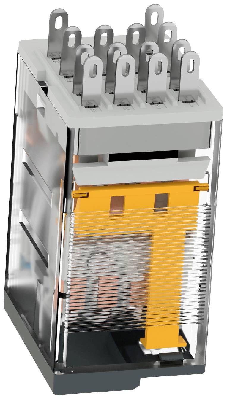 A transparent electrical relay with multiple metal terminals and an orange coil inside.