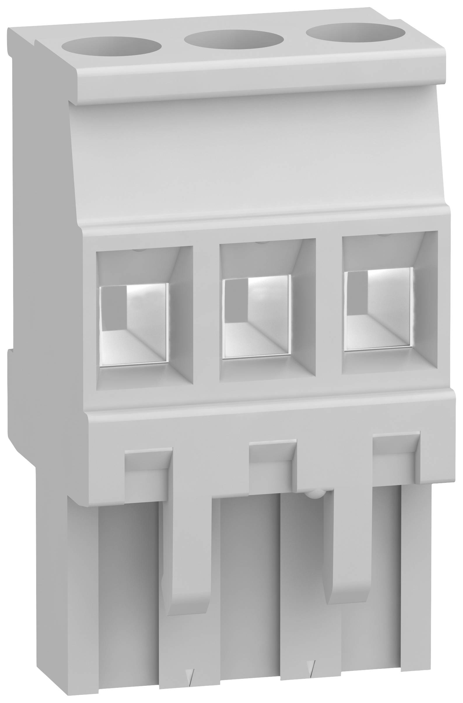 Grey-white plastic connection plug with three square openings in a vertical arrangement, for electronic connections.