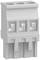 Grey-white plastic connection plug with three square openings in a vertical arrangement, for electronic connections.