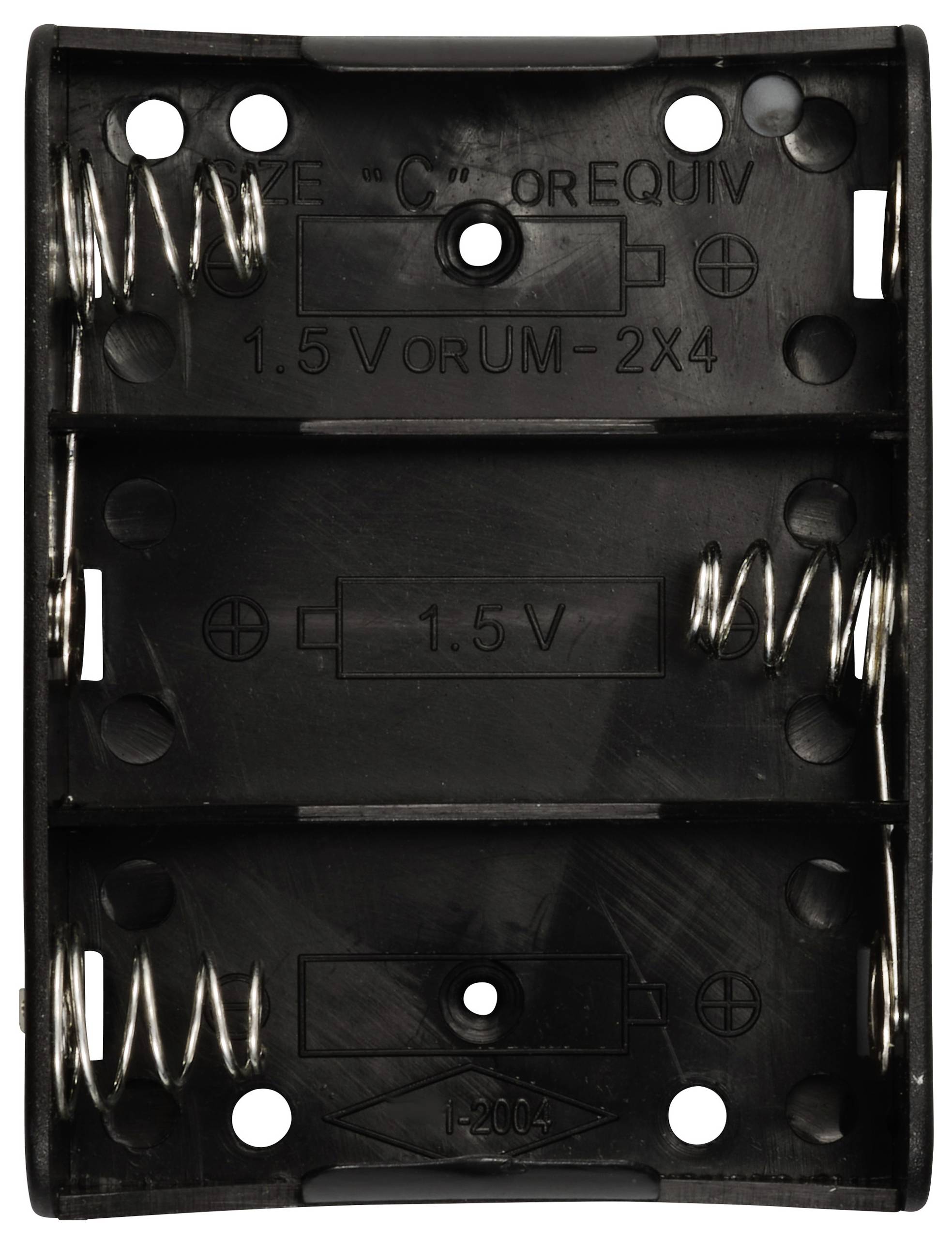 Black battery holder case for 1.5V batteries, space for four batteries. Spiral springs at each end for contact.