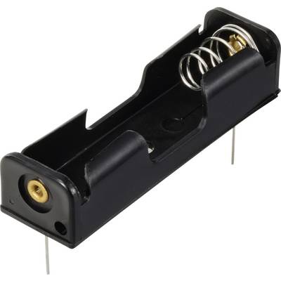 'Black AA battery holder with two contact pins and a metal spring on the right side.'