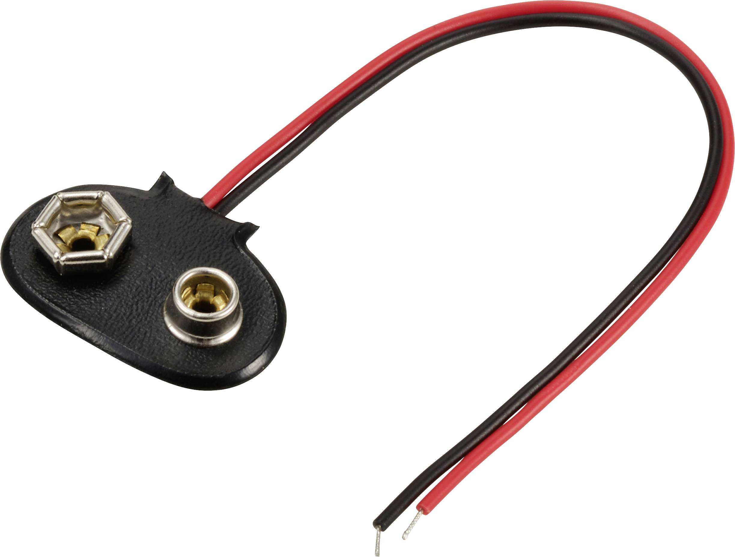 Nine-volt battery clip with red and black wires, connector for attaching to a battery.