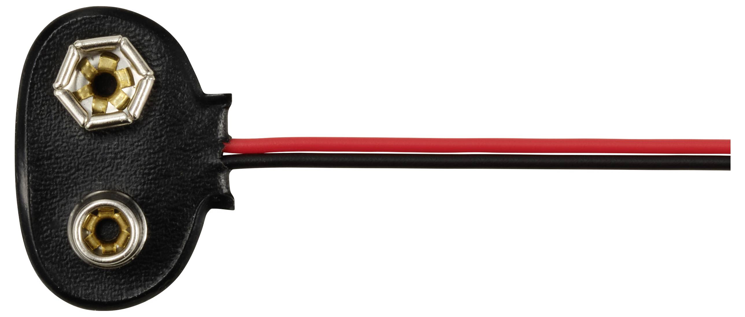 Battery clip for 9-volt block batteries with two metal contacts and a red-black cable for connecting electrical devices.