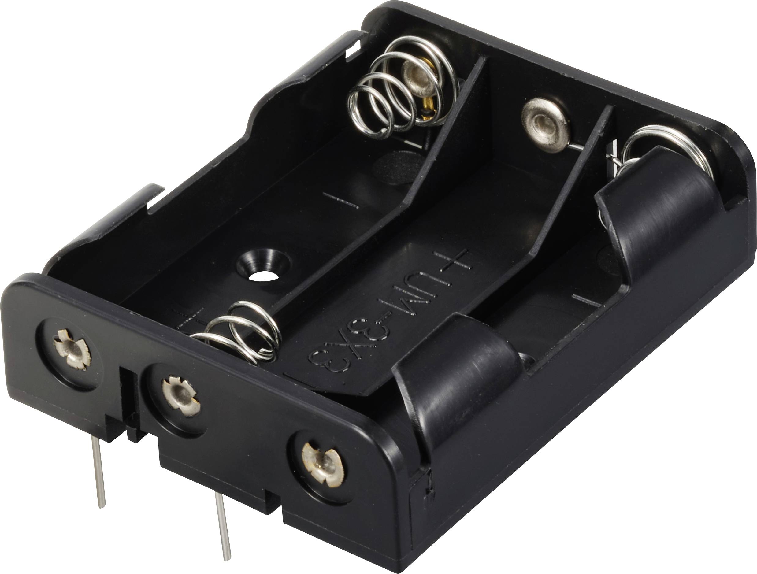 Black battery holder for two AA batteries with metal springs for contact.
