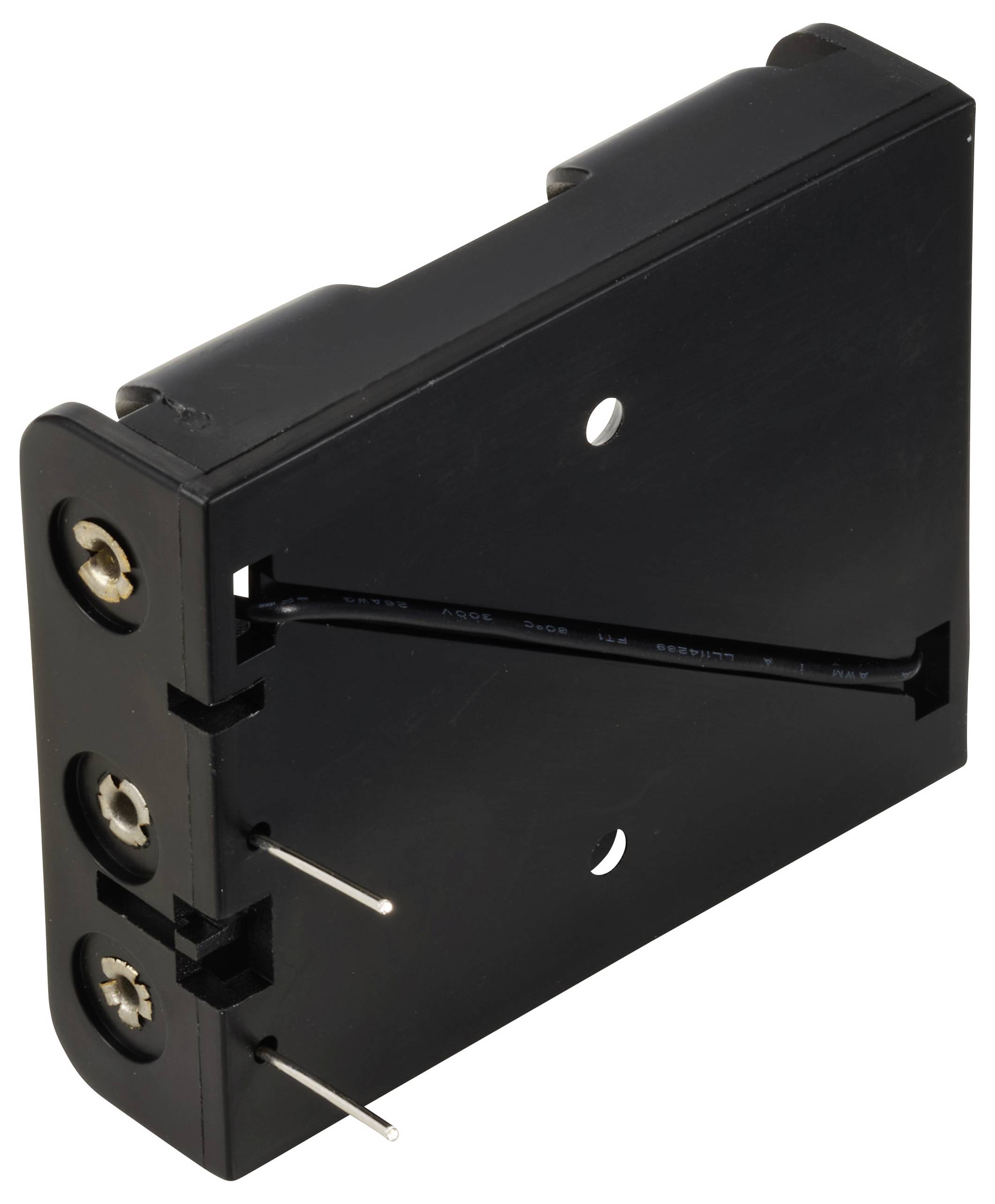 Black and white plastic component, angled, with two metal pins and several holes, likely an electronic part.