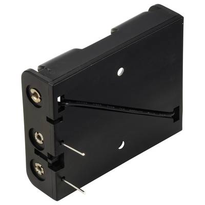 Black and white plastic component, angled, with two metal pins and several holes, likely an electronic part.