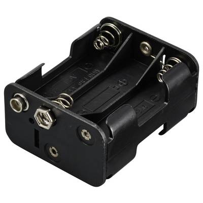 Battery holder made of black plastic for two AA batteries, with metal contacts and spring mechanism.