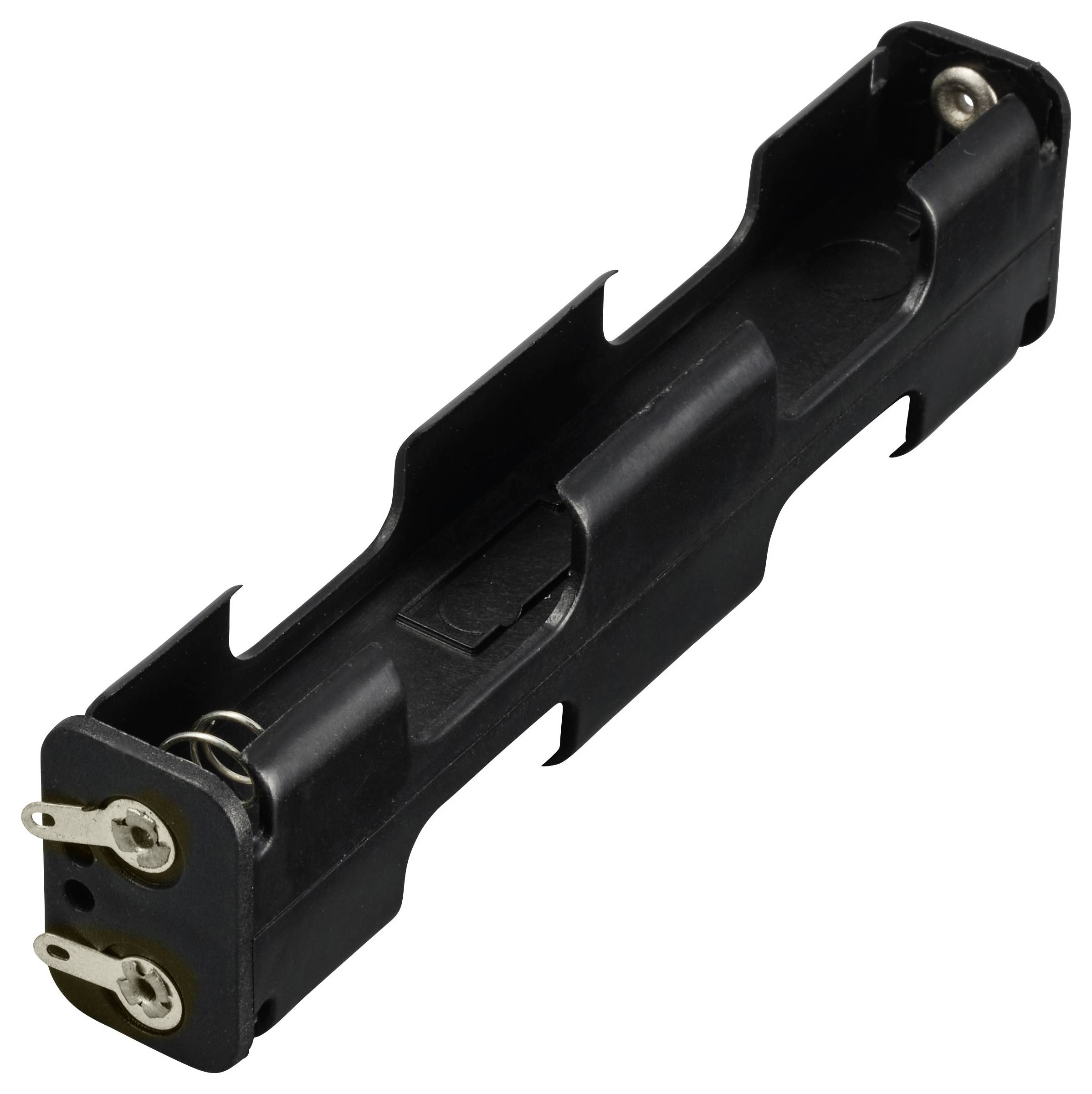 Black battery holder for an AA battery, with metal contacts at both ends for power transmission.