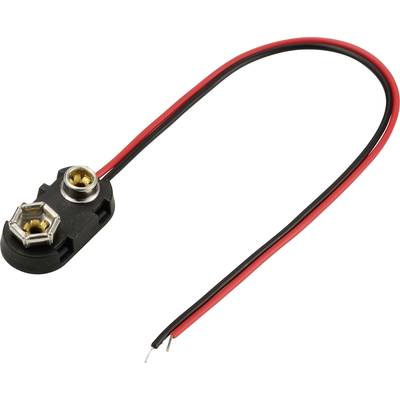 Battery clip with two cables, red and black, for connecting to a 9V battery block.