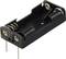A black battery holder for two AA batteries with metal screws at the ends and mounting pins underneath.