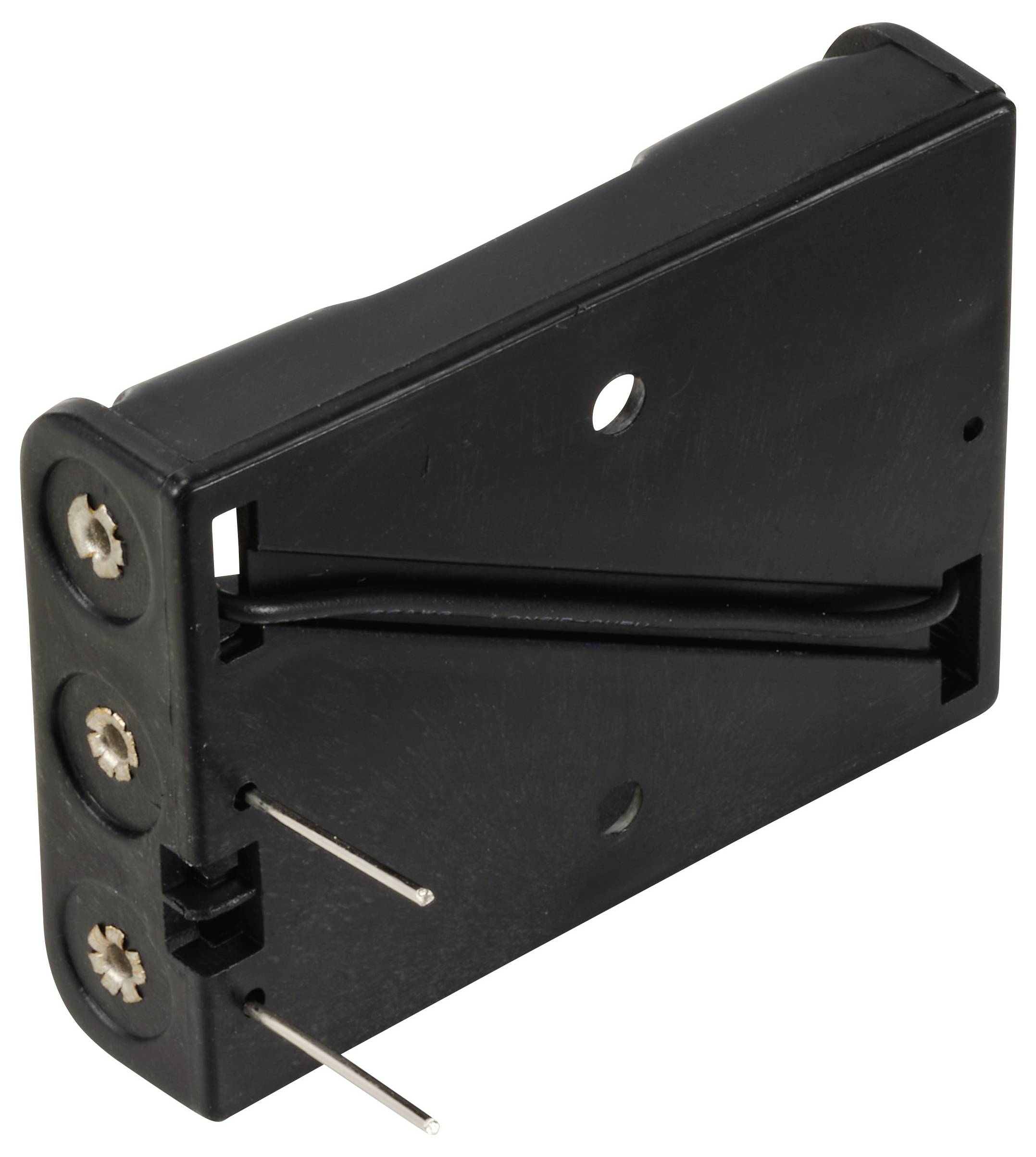 Black, angled plastic component with two metal pins and two screws, possibly an electrical part.