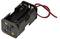 A black battery holder for two AA batteries with red and black connecting wires at the top left.
