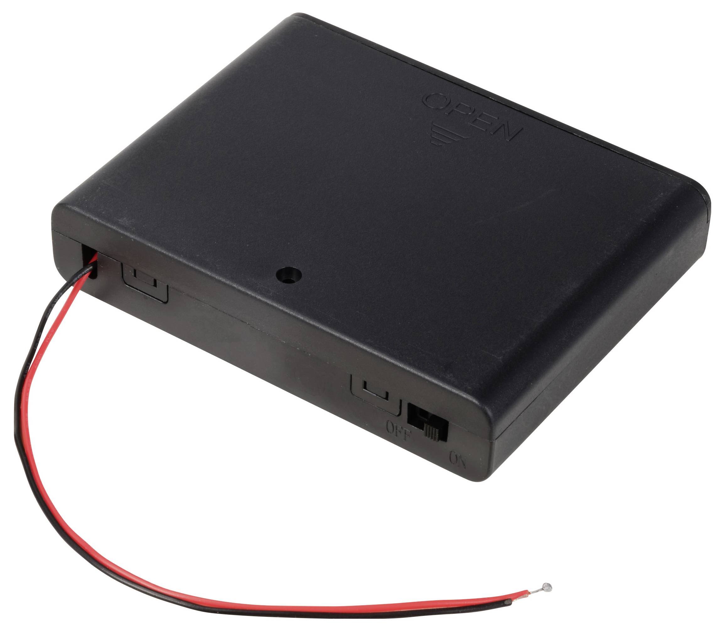 Black rectangular battery compartment housing with red and black power supply cables for electronic devices.