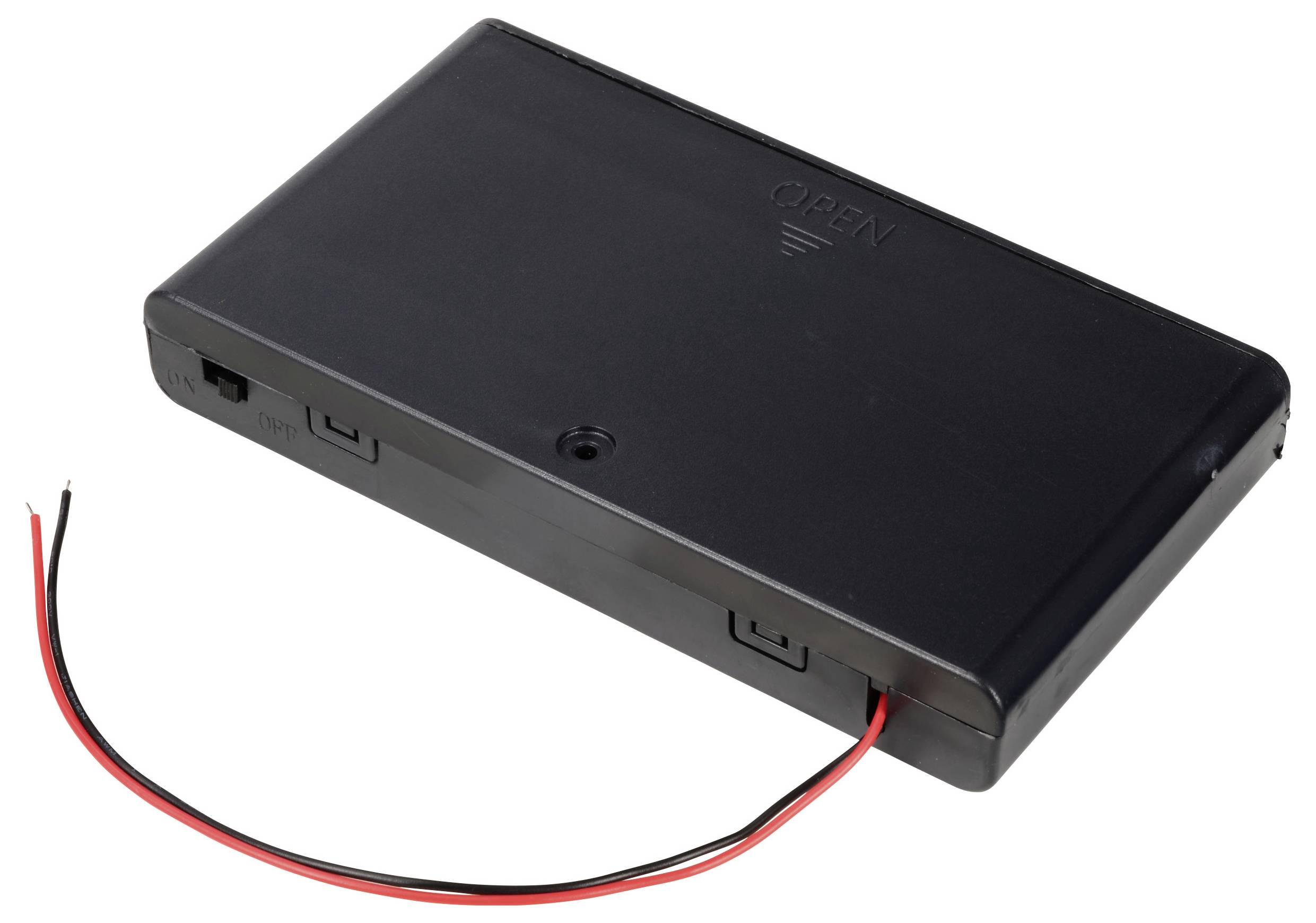 Rectangular black battery compartment with red and black cables. Top marked with 'OPEN'. Suitable for flat installations.