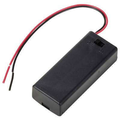 Black battery housing with two exposed cables, one red and one black, on a white background. Includes an on/off switch.