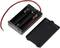 Black battery compartment with open compartments and red and black wires, designed for accommodating AA batteries.