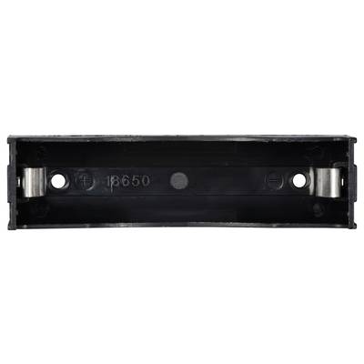 Battery holder made of black plastic for 18650 cells. Contains two metal contacts at the ends for battery connection.