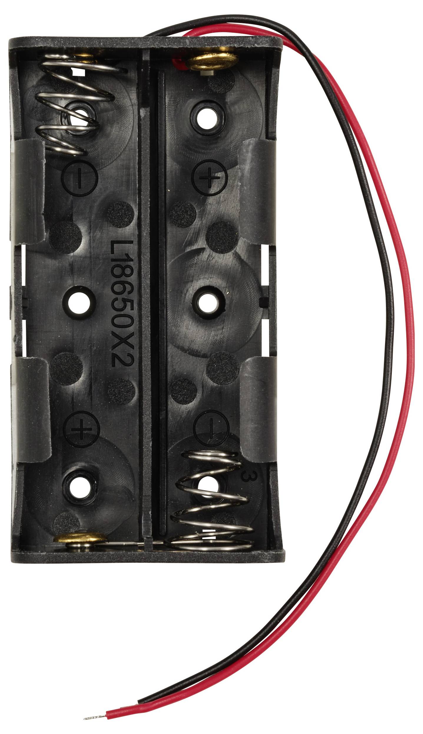 Plastic battery holder, suitable for two 18650 cells. Red and black cables are attached for connection.
