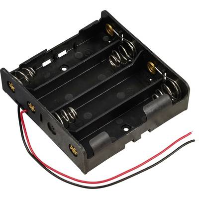 A black plastic battery compartment for four AA batteries with red and black connection wires.