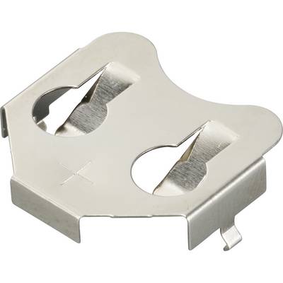 Metal mounting bracket for button cell batteries, with two battery slots, silver surface, rectangular shape with rounded edges.
