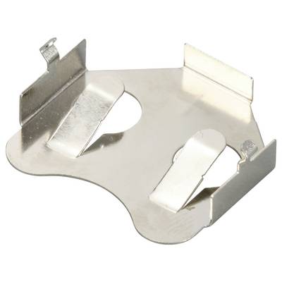 Metal mounting bracket for button cell batteries, showing two clips for secure battery retention.