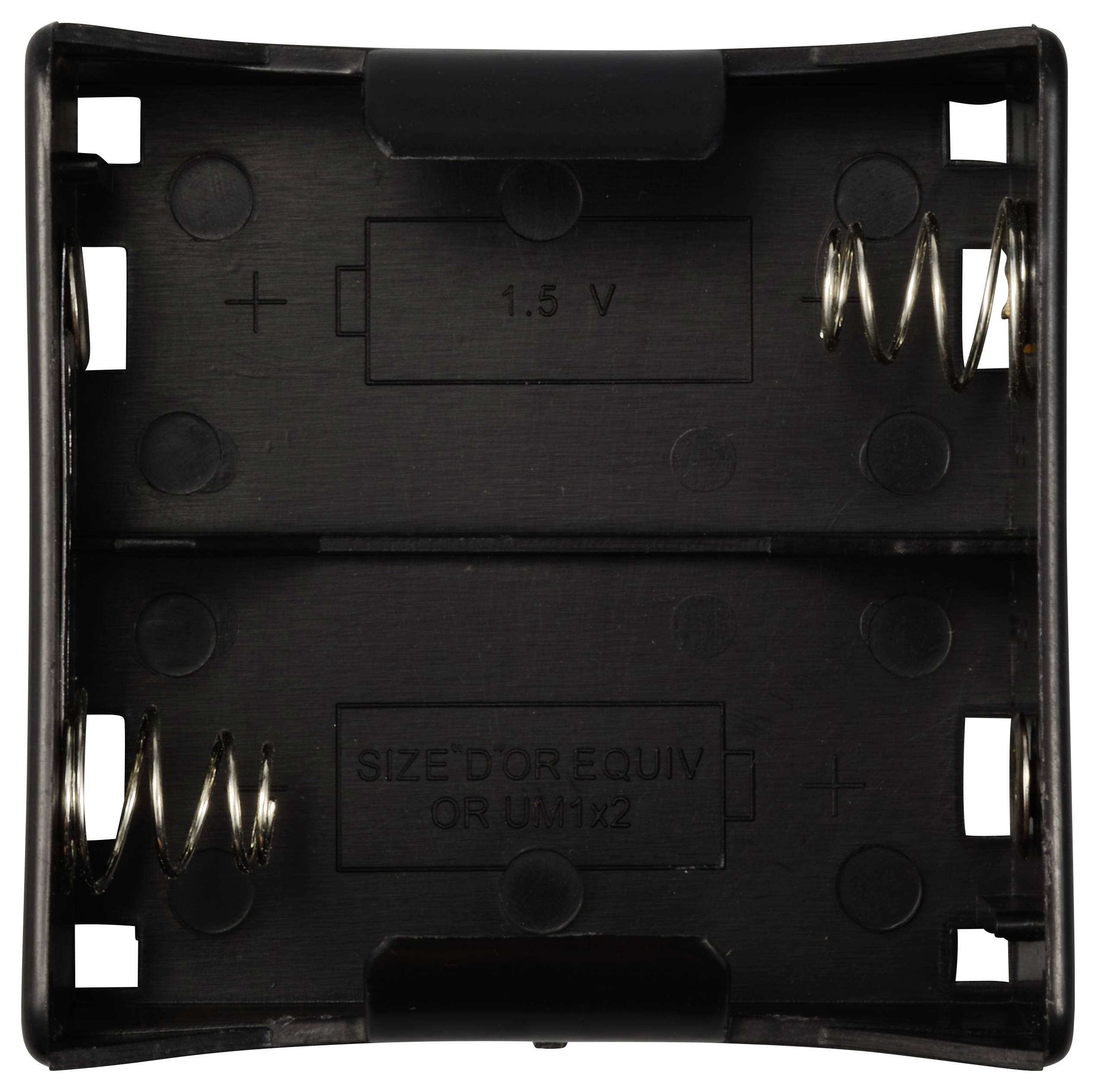 Plastic battery holder for two AA batteries with space for springs at the negative terminals.