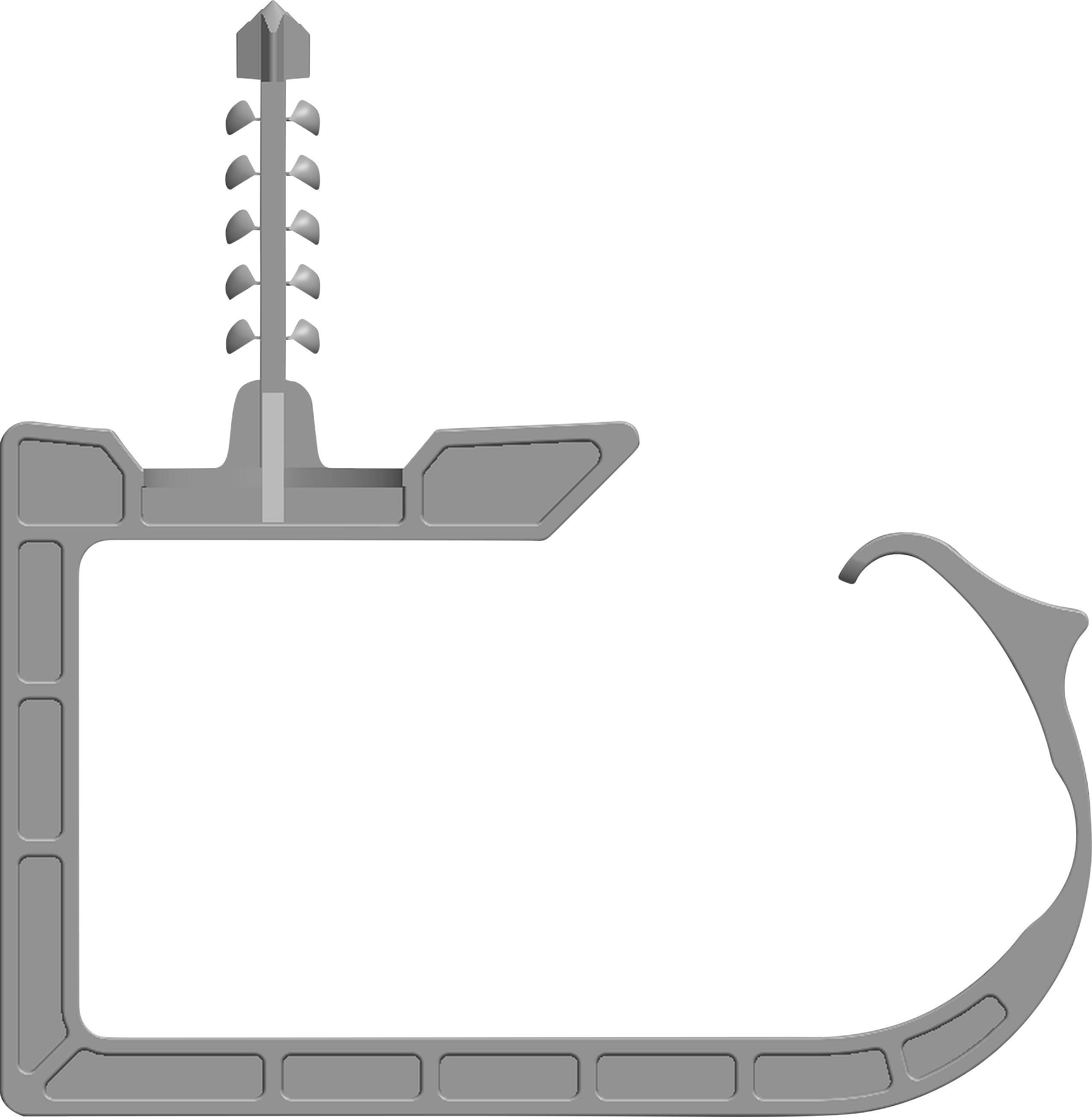 A grey, L-shaped G-clamp with a spiral spindle, used for gripping objects in carpentry work.