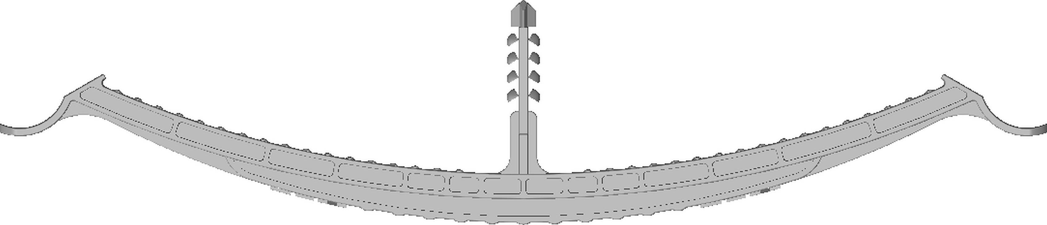 Graphic of a stylised Viking ship with upward-curving ends. A row of shield-like elements is positioned at the bow.