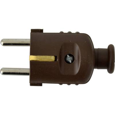 A brown European plug with two metal pins and a screw in the centre, viewed from the side.
