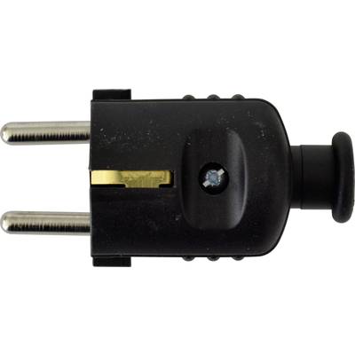 Close-up of a black European plug with two metal pins and an integrated switch on the right-hand side.