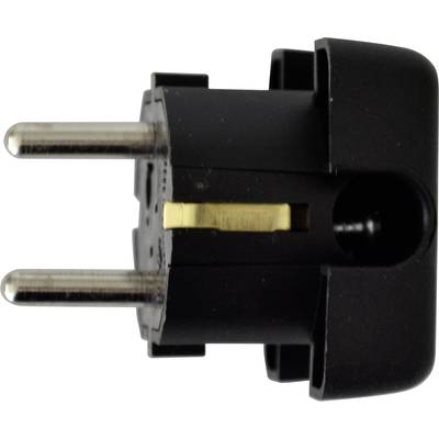 Black socket adapter with two metal pins, in the Europlug design, for connecting electrical devices to European power sockets.