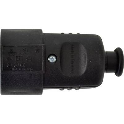 Black electric plug with embossed 'Made in Germany' inscription, side-mounted screw, and protruding button.