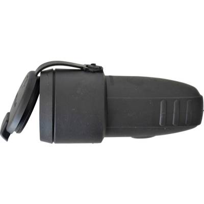 A black lens cap for binoculars or telescopes, with a folding mechanism and a hinge for attaching.