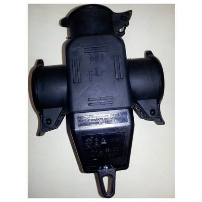 'Plastic hose fitting with multiple connections and closures, likely for use in a water or air system.'