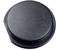 A round, black plastic lid, smooth and textured.