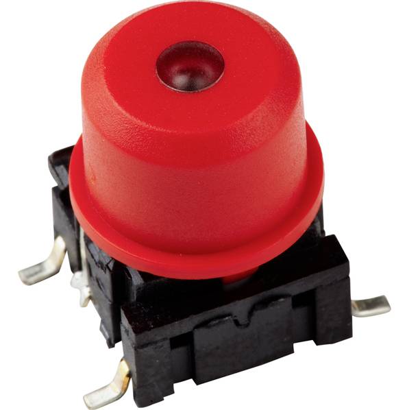 Red mechanical key switch with black housing and metal contacts, suitable for keyboards or electronic devices.