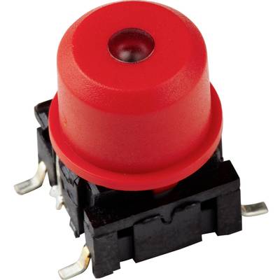 Red mechanical key switch with black housing and metal contacts, suitable for keyboards or electronic devices.