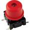 Red mechanical key switch with black housing and metal contacts, suitable for keyboards or electronic devices.