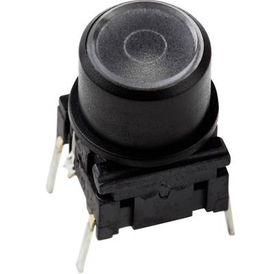 A black push button with rounded edges and four metal pins underneath. Suitable for electronic circuits in devices.