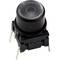 A black push button with rounded edges and four metal pins underneath. Suitable for electronic circuits in devices.