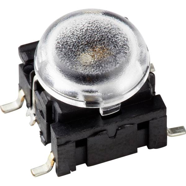 A round, transparent button with a black housing and four silver connections. The button stands upright against a white background.