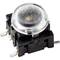 A round, transparent button with a black housing and four silver connections. The button stands upright against a white background.
