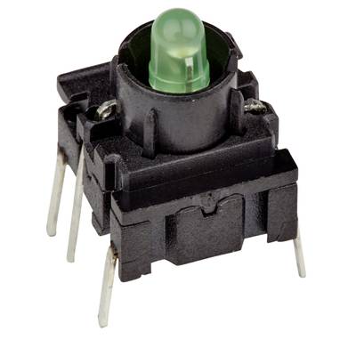 A green LED push button with a black plastic housing and three metal pins, suitable for electronic circuits.