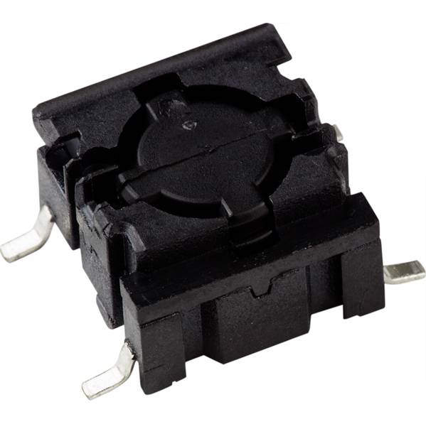 A black, square SMD momentary switch with two connections located underneath and a round push button in the centre.