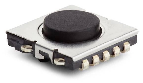 A square micro-switch with six connection pins and a black press surface in the centre, for electronic applications.