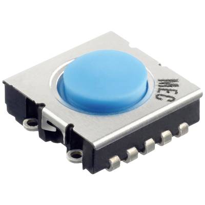 Blue button on an electronic component with a metal casing, multiple pins, and the label 'MEC'.