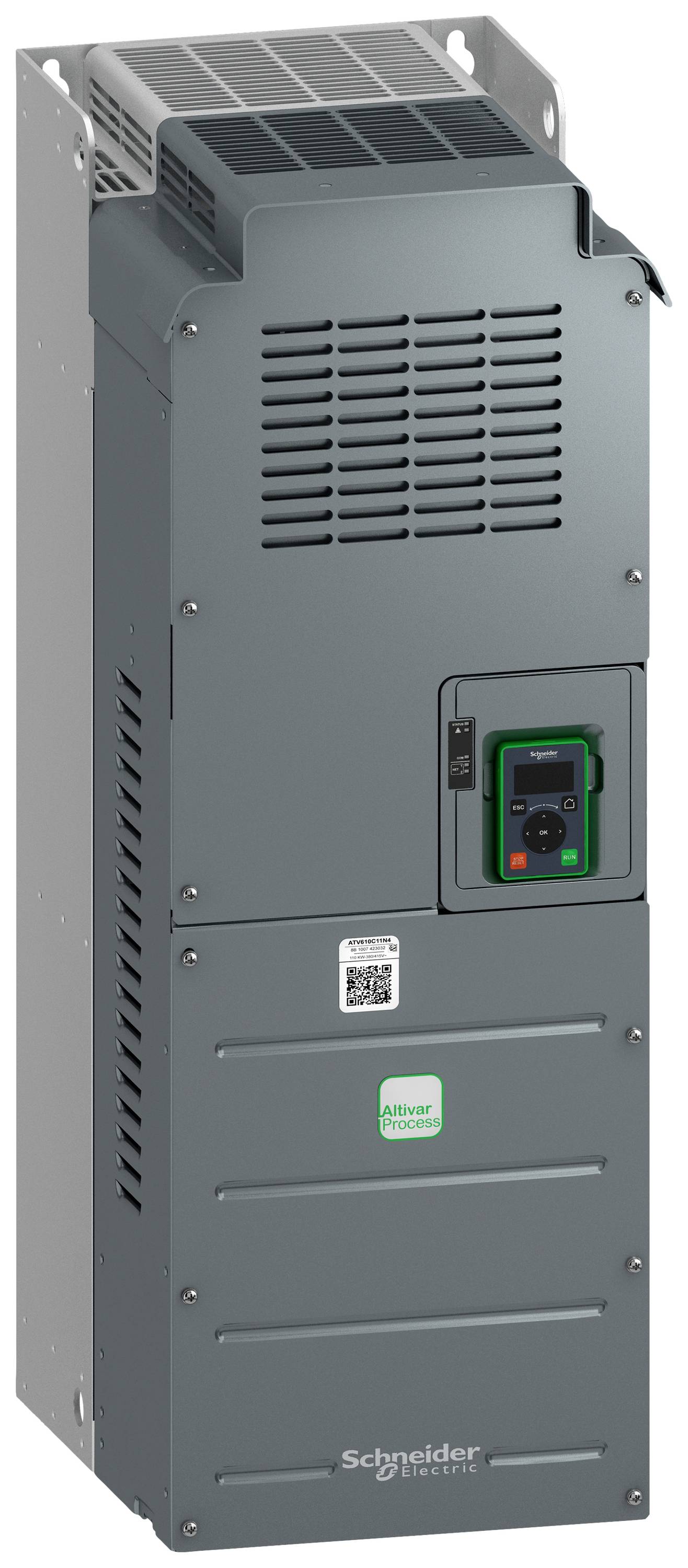 The image depicts a grey electronic industrial control cabinet with ventilation slots and a green button on the front.